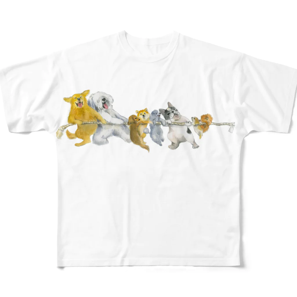  藤ねこりえ/ 𝙁𝙐𝙅𝙄𝙣𝙚𝙘𝙤𝙧𝙞𝙚の犬猫綱引き　チーム犬 フルグラフィックTシャツ