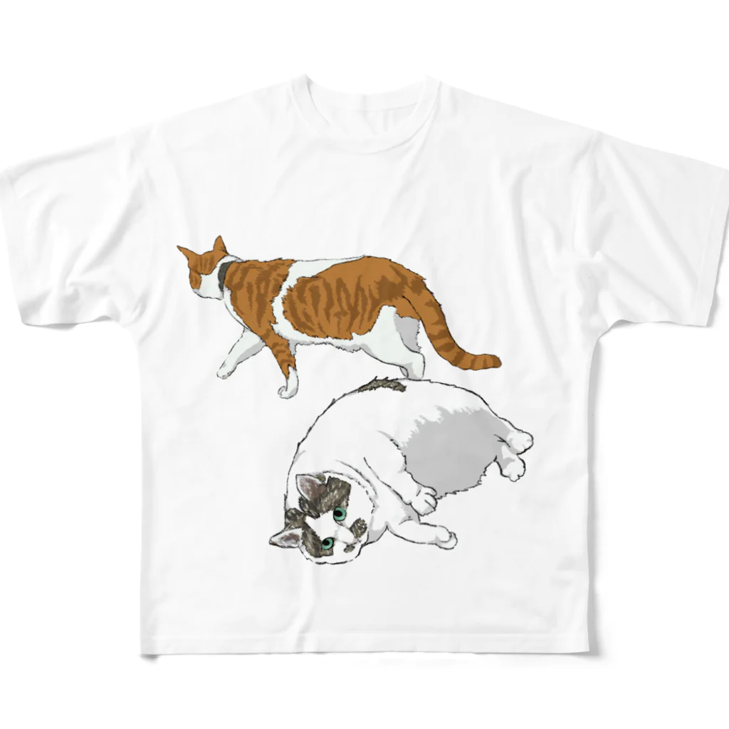 モモセ イトのアザラシ(猫)と(白茶)トラ(猫) フルグラフィックTシャツ