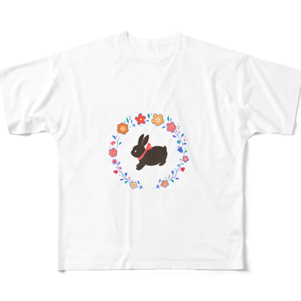 Tea Drop Sの黒ウサギ フルグラフィックTシャツ