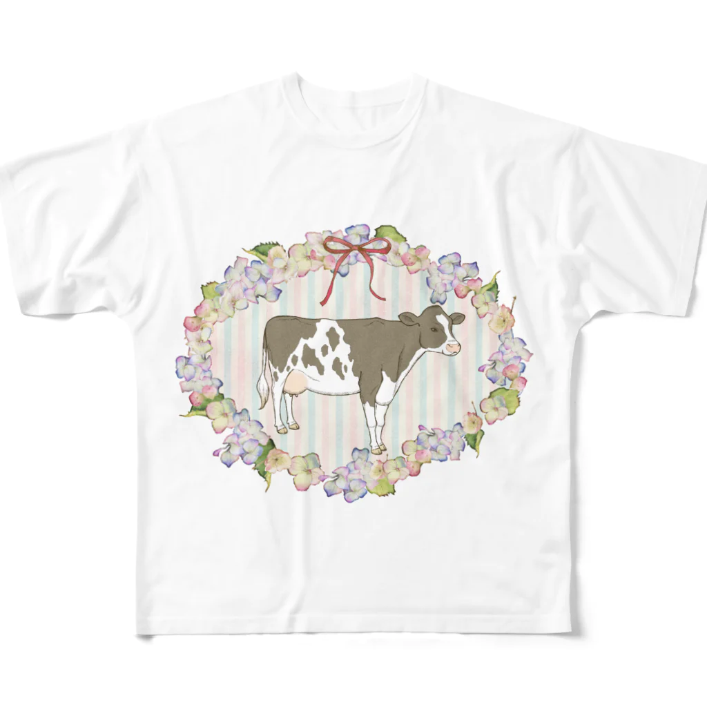 牛絵屋の花輪うしフルグラフィックTシャツ All-Over Print T-Shirt