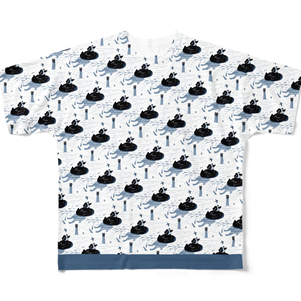 Radiostar suzuriSHOPの銀鉤舎 黒猫灯台・青 All-Over Print T-Shirt