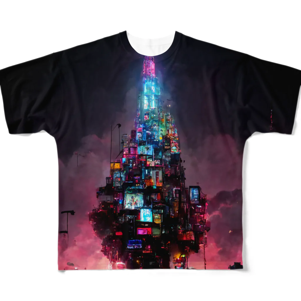 鶴居崙の A mountain of dolls, a giant sword thrusting through the air, May rain, a burning tower of Babel, フルグラフィックTシャツ