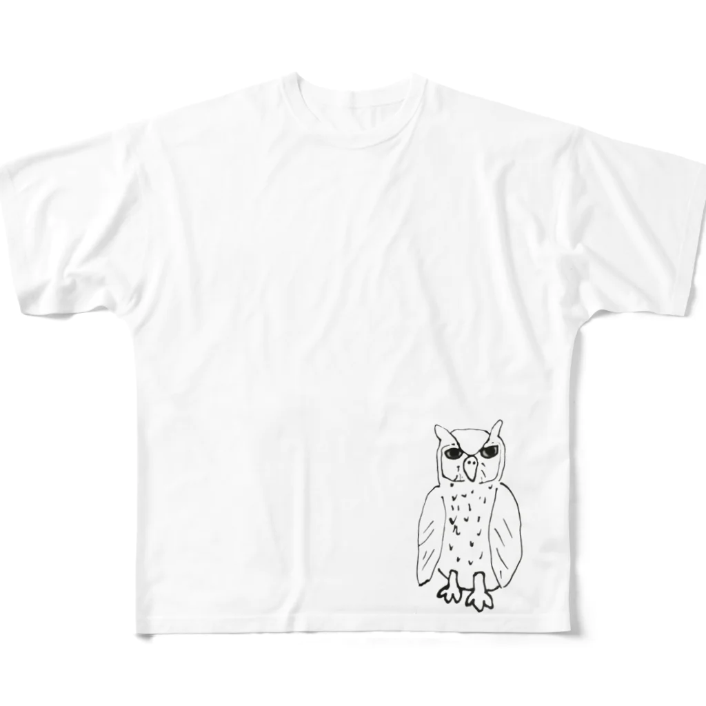 座敷ふくろうのみみずく画伯 フルグラフィックTシャツ