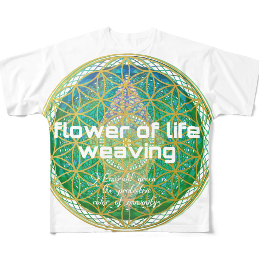 💖宇宙整体♪🌈♪こころからだチャンネル♪💖のFlower of  Life waving  🌈LOGO version All-Over Print T-Shirt