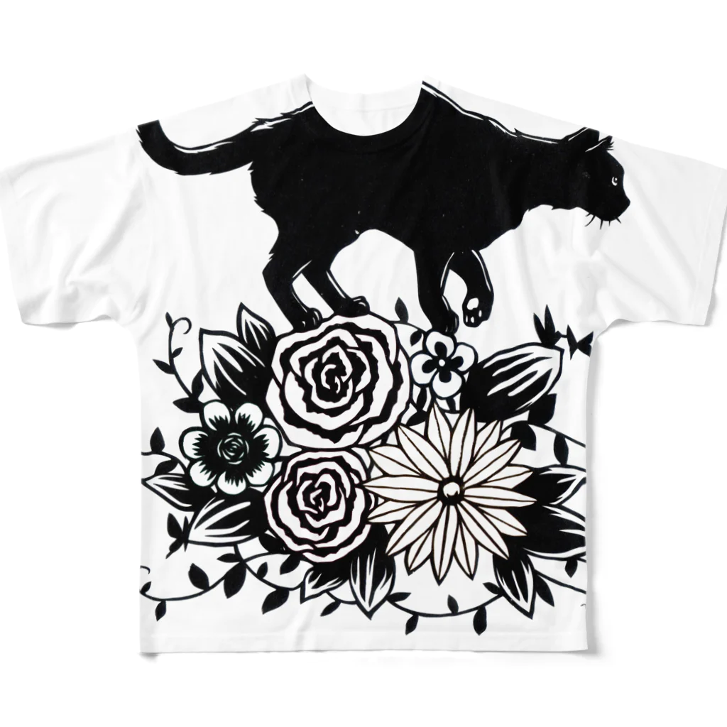 切り絵草太の花に乗る猫 フルグラフィックTシャツ