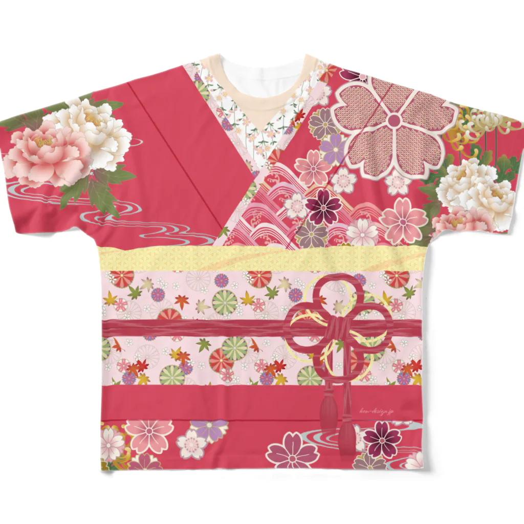 耕DESIGNの着物柄（振袖風）赤 -桜- フルグラフィックTシャツ