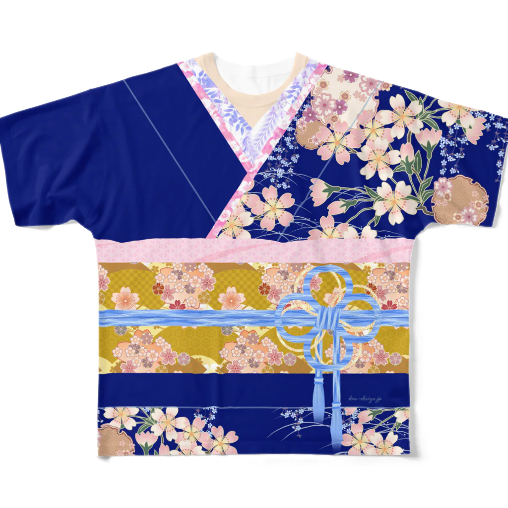 耕DESIGNの着物柄（振袖風）青 -桜- フルグラフィックTシャツ