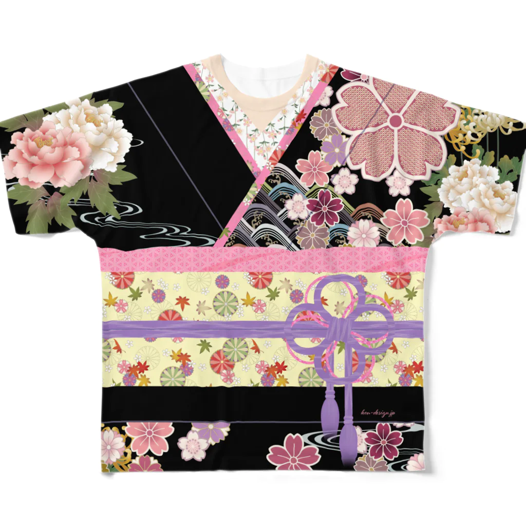 耕DESIGNの着物柄（振袖風）黒 -桜- フルグラフィックTシャツ