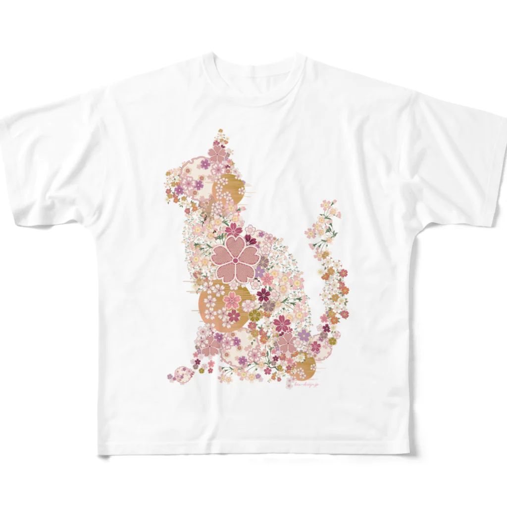 耕DESIGNの桜猫 フルグラフィックTシャツ