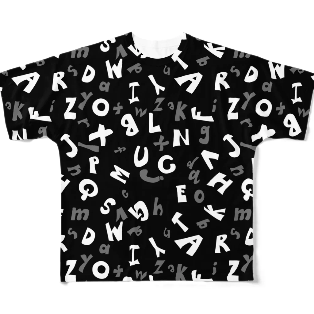 親子設計 CHIiKu MOJi『知育文字』のアルファベット/モノトーン総柄 All-Over Print T-Shirt