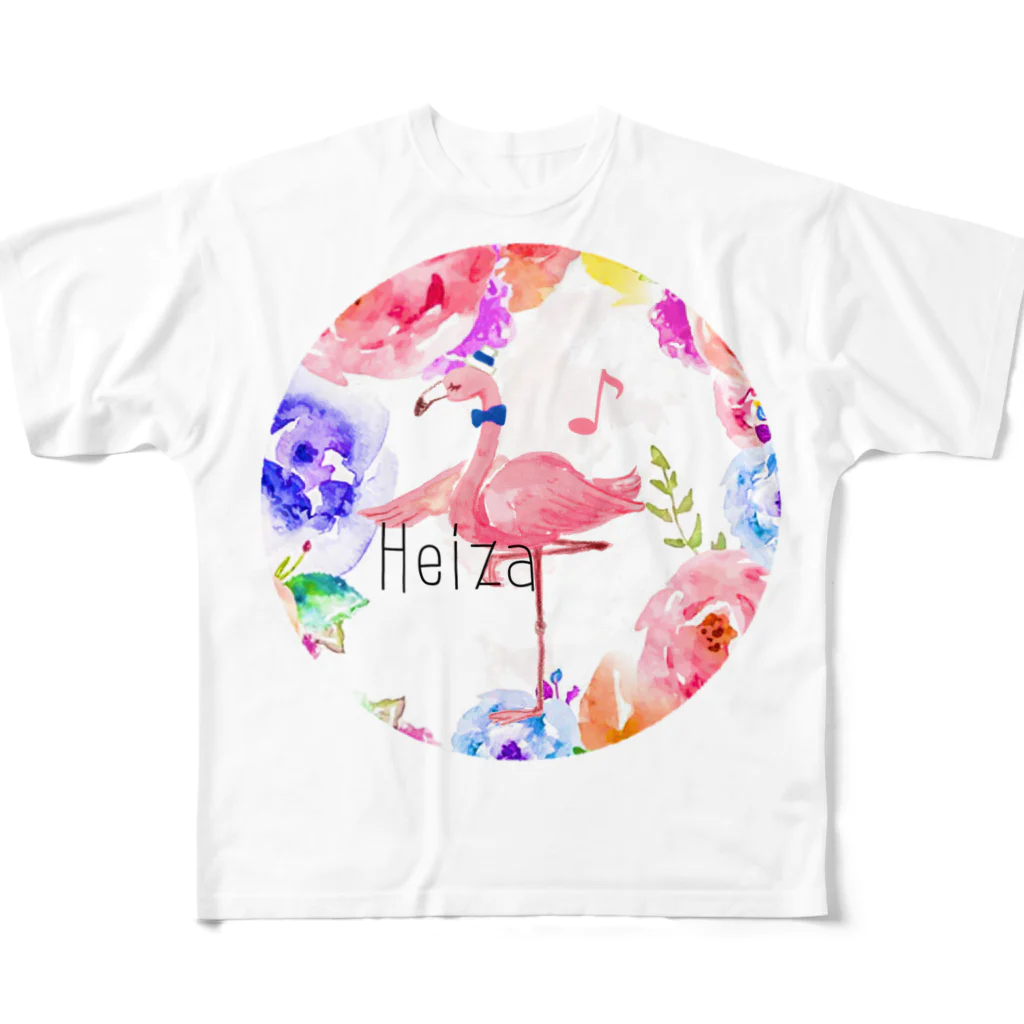 もりのおかしやさんmibuのお花heizaフラミンゴ フルグラフィックTシャツ