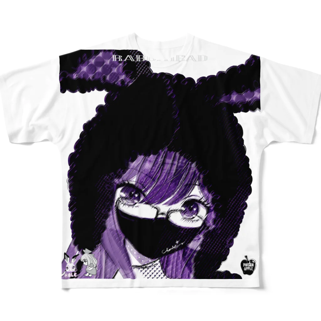 loveclonesのBABYFACE/RABBIHEAD 黒ラビ2号 パープル 拡大版 メガネ女子 フルグラフィックTシャツ