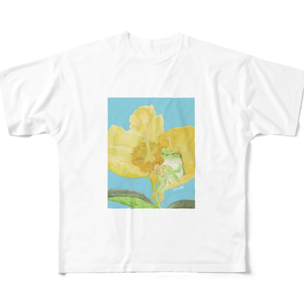 yoshi-gardenのアマガエルと金糸梅 All-Over Print T-Shirt