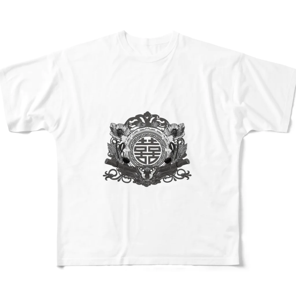 中華呪術堂（チャイナマジックホール）の【白黒】幻想阿片中華紋 All-Over Print T-Shirt