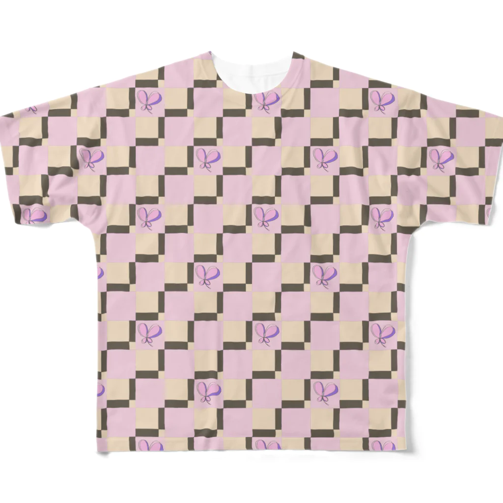 k-shopの蝶々のような四つ葉のクローバーと市松模様 ver.1 All-Over Print T-Shirt