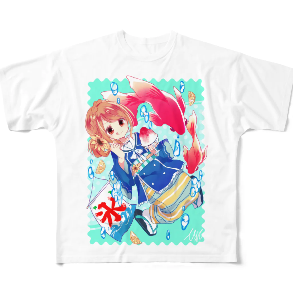 平田商店の夏と金魚と女の子 フルグラフィックTシャツ