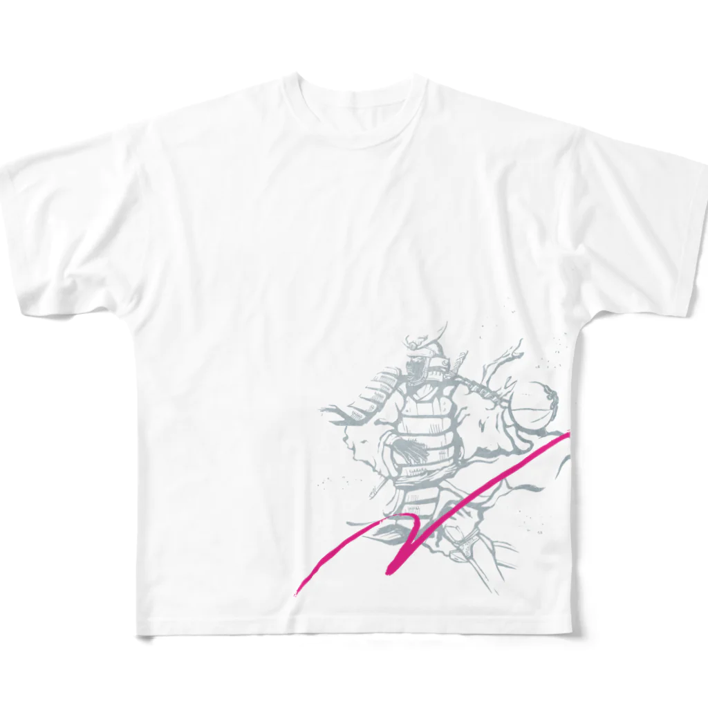 JunKomのHands Up! 籠球侍 BASKETBALL SAMURAI 挑 try（Silver×Pink） All-Over Print T-Shirt