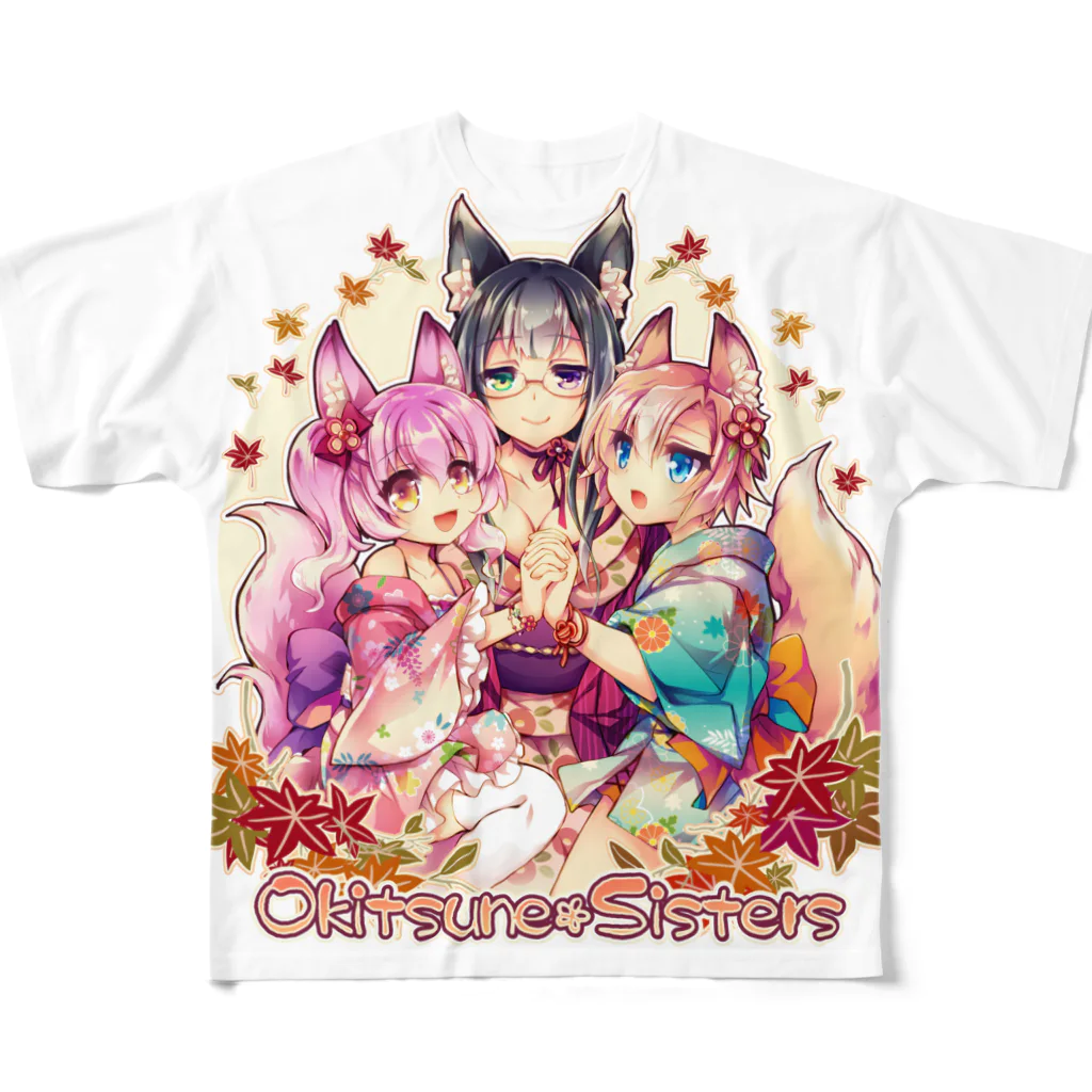 月蝕ざっか店＠SUZURIのOkitsune*Sisters - Ctype All-Over Print T-Shirt