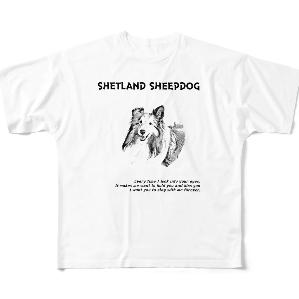 onehappinessのシェルティ　イラスト　forever フルグラフィックTシャツ