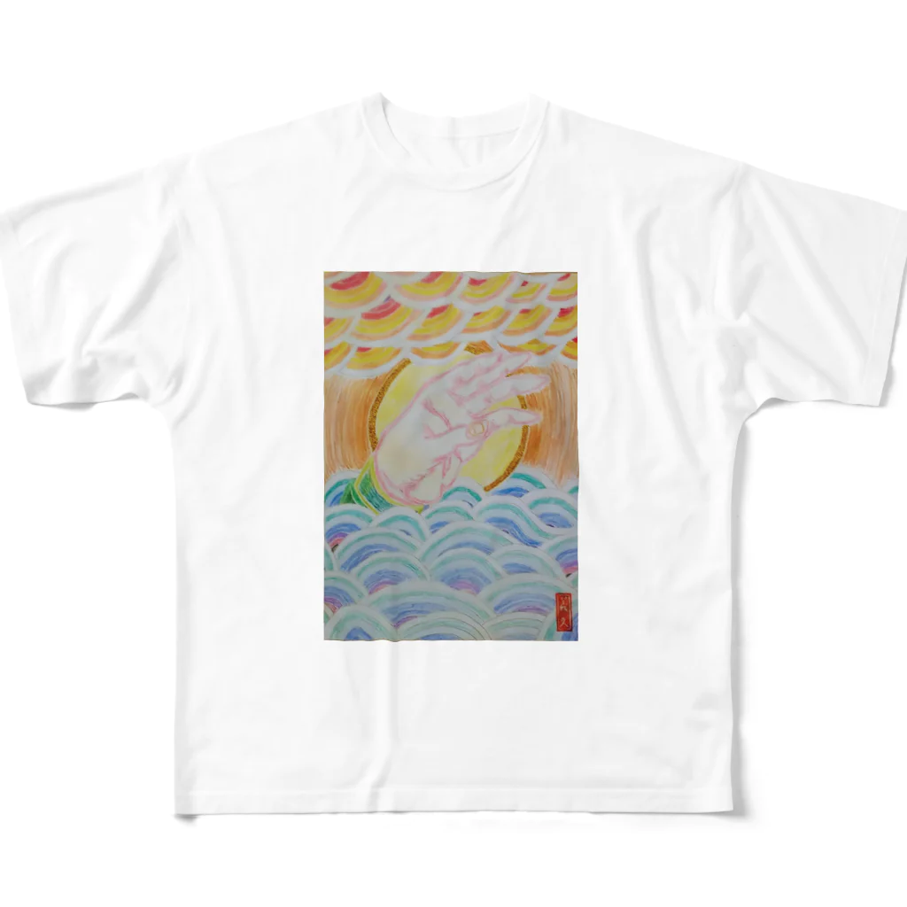 アーティスト 丸尾義久shopのゴッドハンド フルグラフィックTシャツ