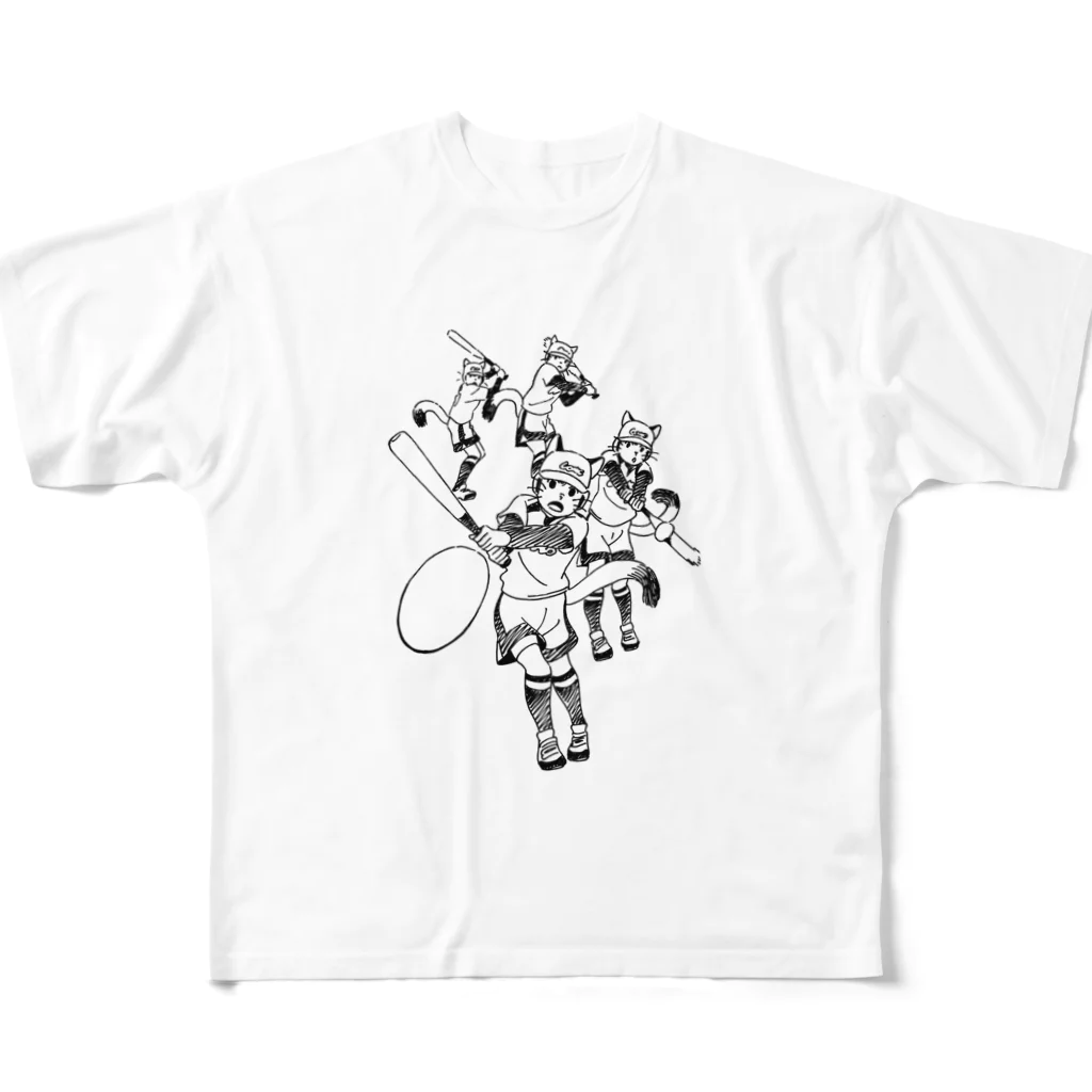 空想画学販売所の猫のソフトボールプレイヤー　ヒット！ All-Over Print T-Shirt