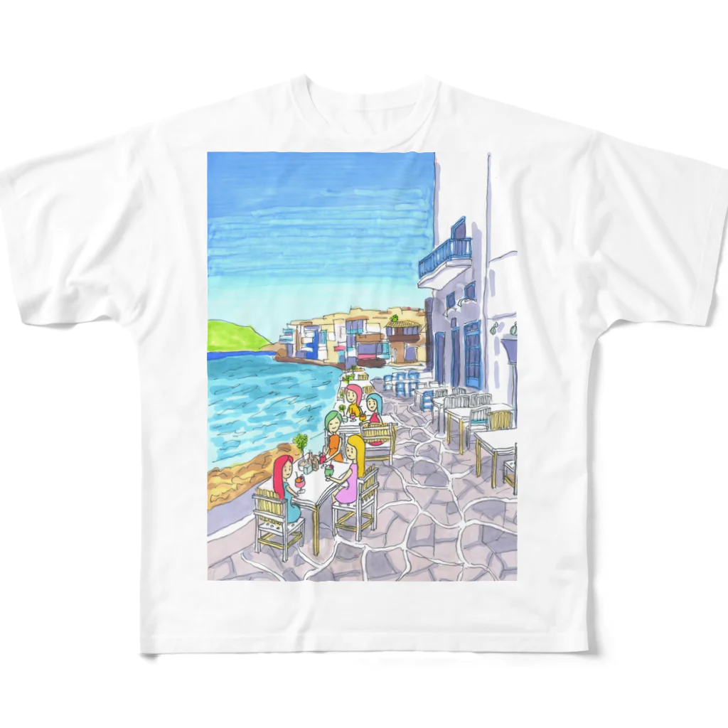 AKISENのエーゲ海カフェガールズ フルグラフィックTシャツ