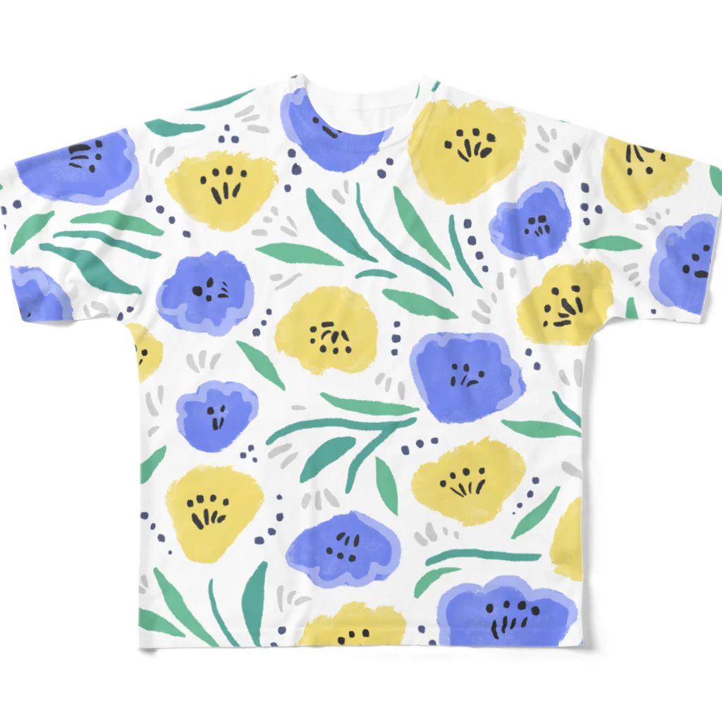 Katie（カチエ）の抽象的な手描きの花柄 フルグラフィックTシャツ