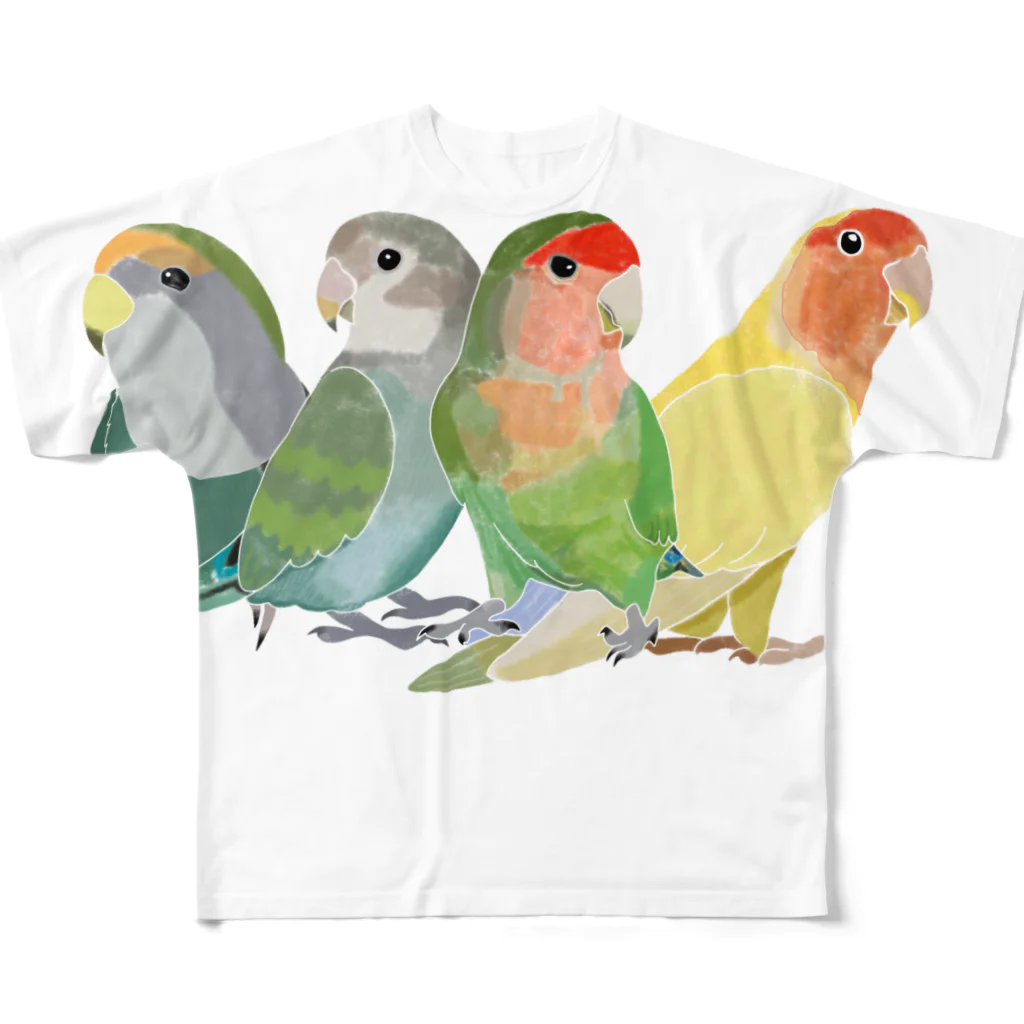 masumi maedaの寄り添う　コザクラインコ フルグラフィックTシャツ