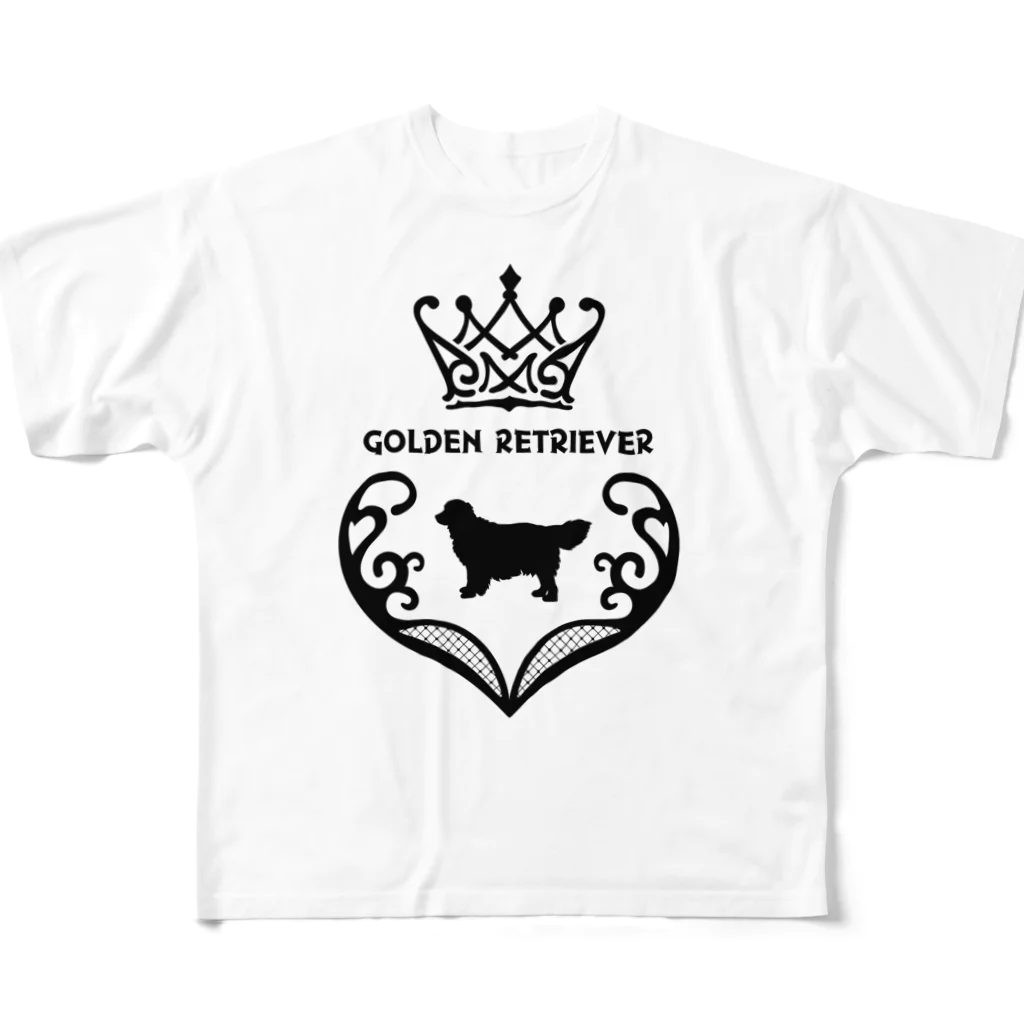 onehappinessのゴールデンレトリバー　crown heart　onehappiness　black フルグラフィックTシャツ