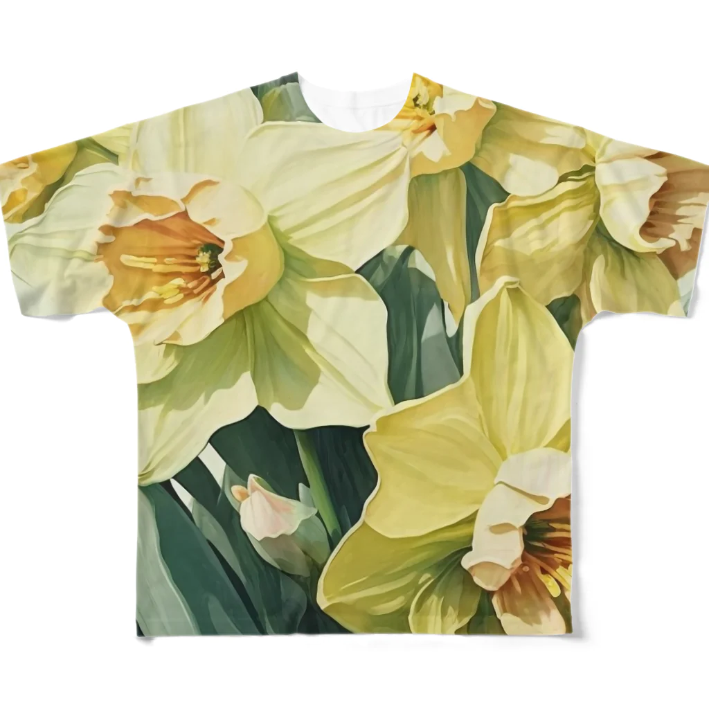 botanicalartAIの黄色のスイセン フルグラフィックTシャツ