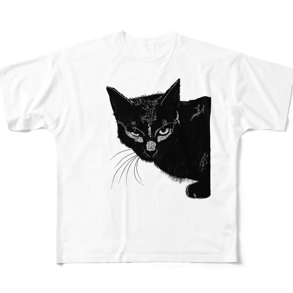 小鳥と映画館のカッコよく覗きに来た黒猫 フルグラフィックTシャツ