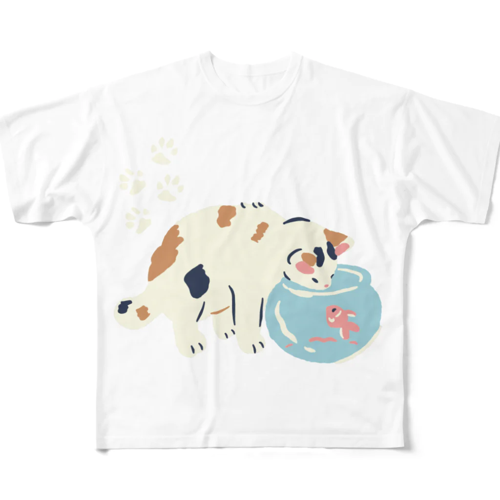 honeycombのねこと金魚 フルグラフィックTシャツ