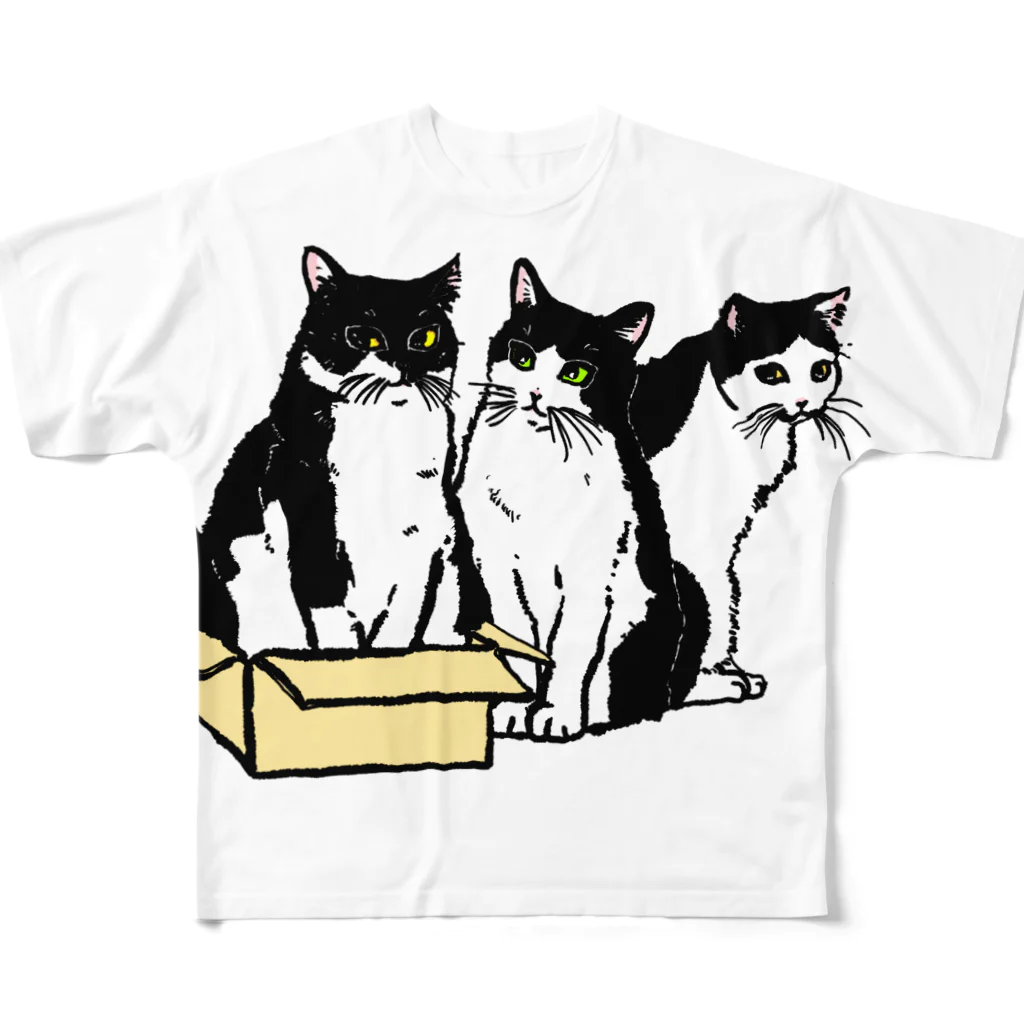 猫竹（nekotake)の箱に入りたい白黒猫たち フルグラフィックTシャツ