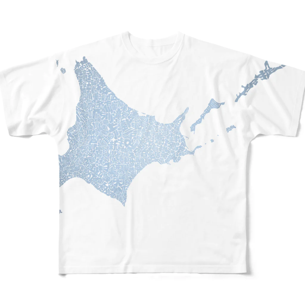 Yanagiya Kosanjiの北海道_TextMap_青色グラデーション フルグラフィックTシャツ