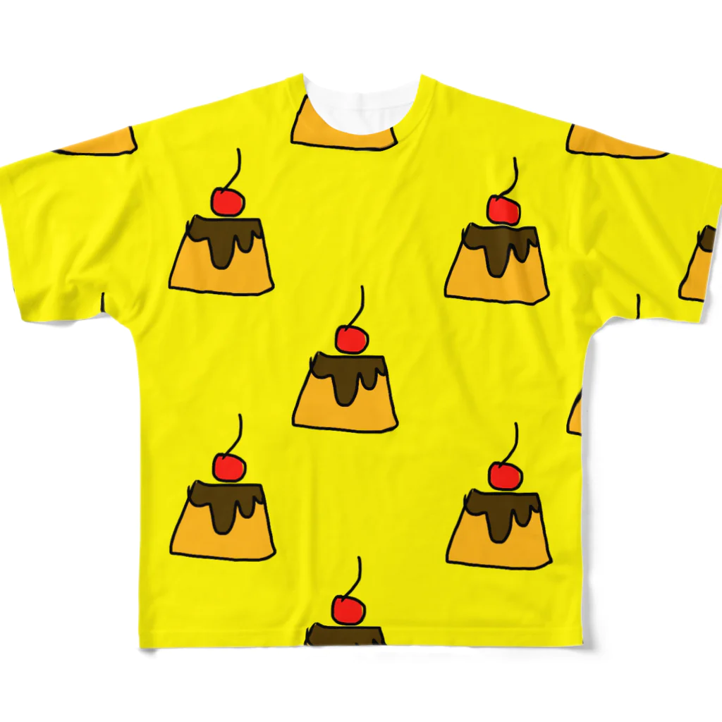 hacco/dat.の黄色いプリンたべる フルグラフィックTシャツ
