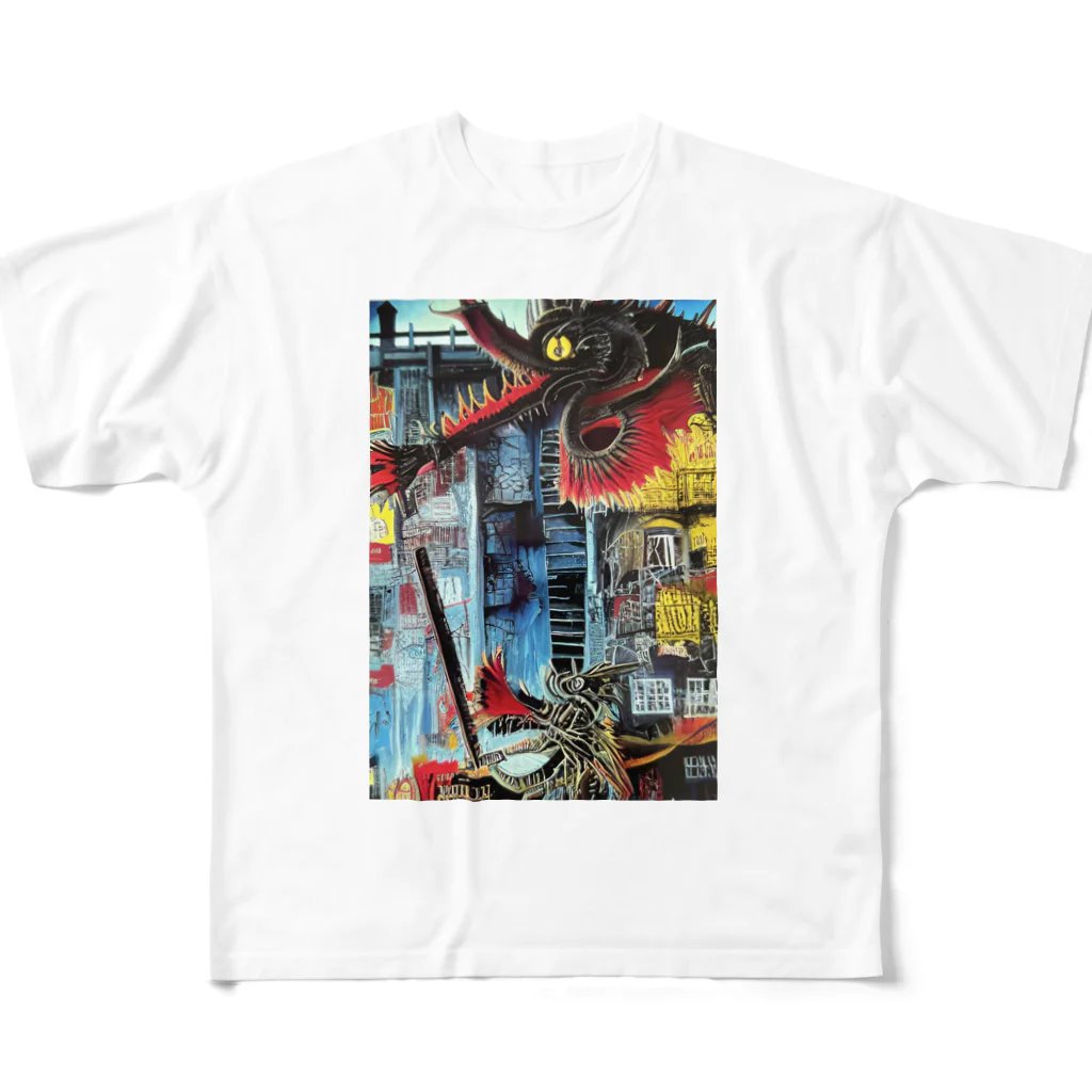 幸せうさぎのバスキアの絵画風イラスト All-Over Print T-Shirt