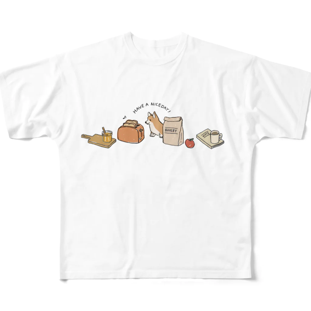 kiki25のコーギーと朝ごはん フルグラフィックTシャツ