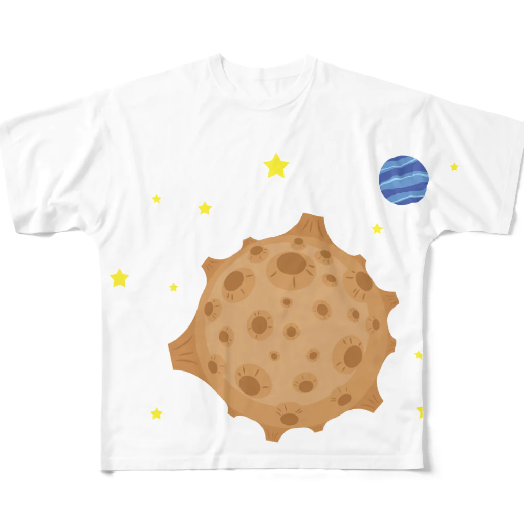 kimchinの古いSFに出てきそうなデコボコのクレーターの惑星です! フルグラフィックTシャツ