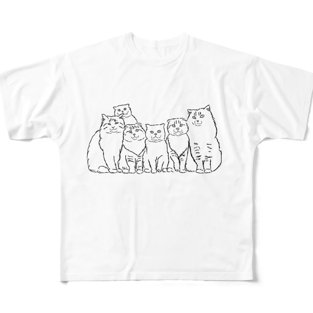 小鳥と映画館の仲良し6キャット　線画 All-Over Print T-Shirt