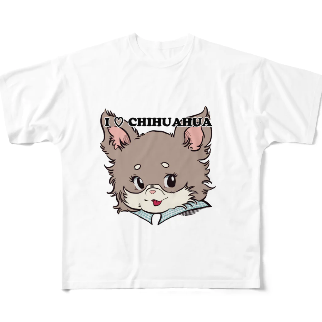 チャリティーグッズ-犬専門デザインのチワワ-チョコタン「I♡CHIHUAHUA」 All-Over Print T-Shirt