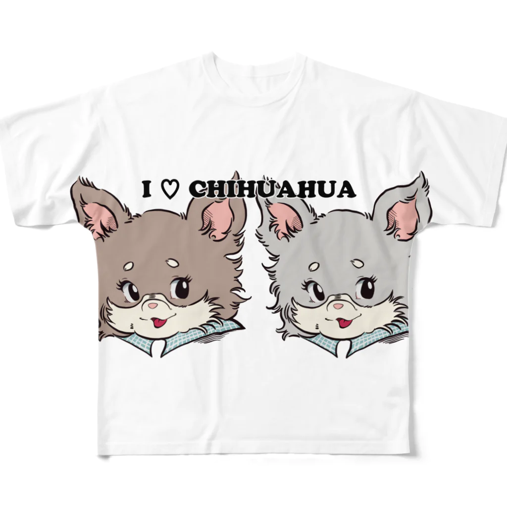 チャリティーグッズ-犬専門デザインのチワワ-チョコタン&ブルーグレー・イザベラタン「I♡CHIHUAHUA」 フルグラフィックTシャツ