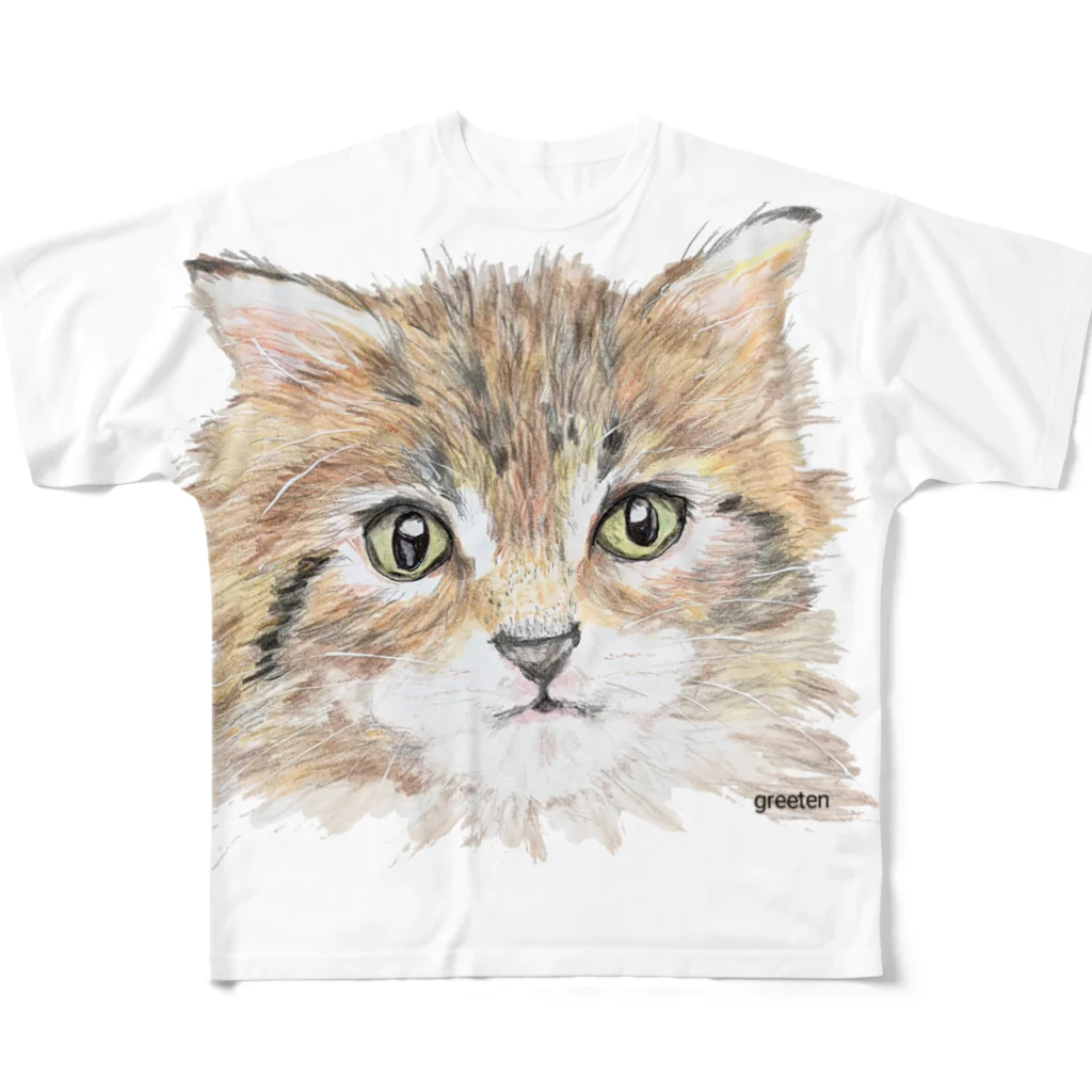 greetenのアート猫　茶トラ フルグラフィックTシャツ