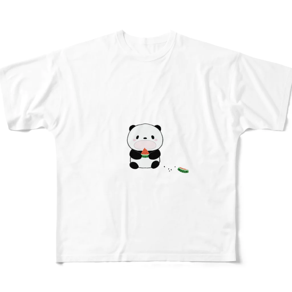 ゆきいろデザインのスイカを食べるパンダ フルグラフィックTシャツ