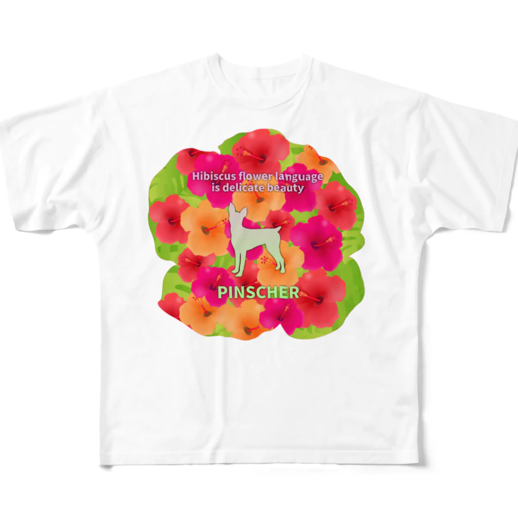 onehappinessのピンシャー　hibiscus　花言葉　onehappiness フルグラフィックTシャツ