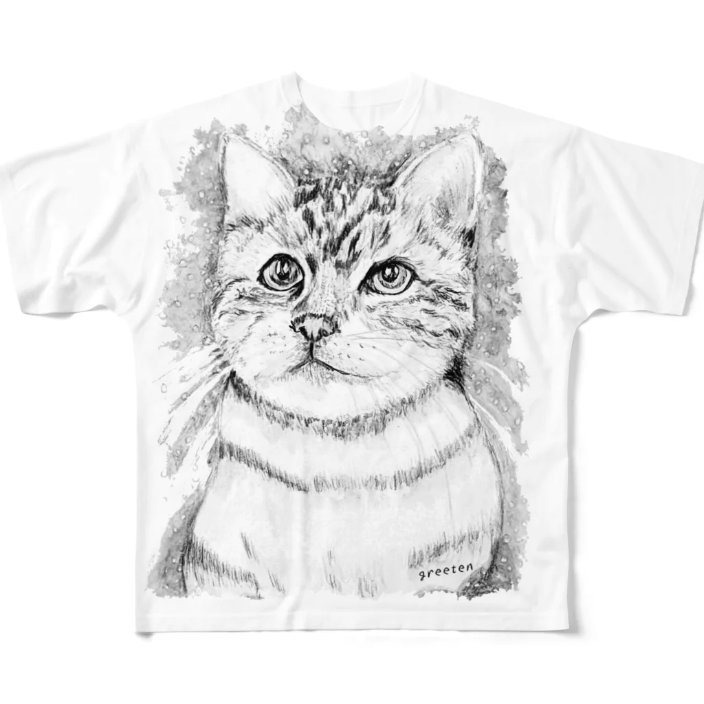 greetenのアート猫　モノクロ　 All-Over Print T-Shirt