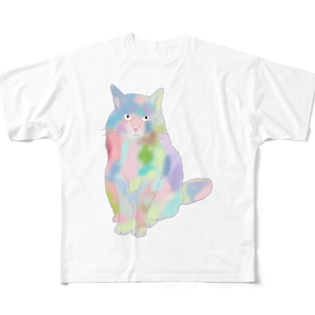 小鳥と映画館のユニコーンカラーの猫 フルグラフィックTシャツ