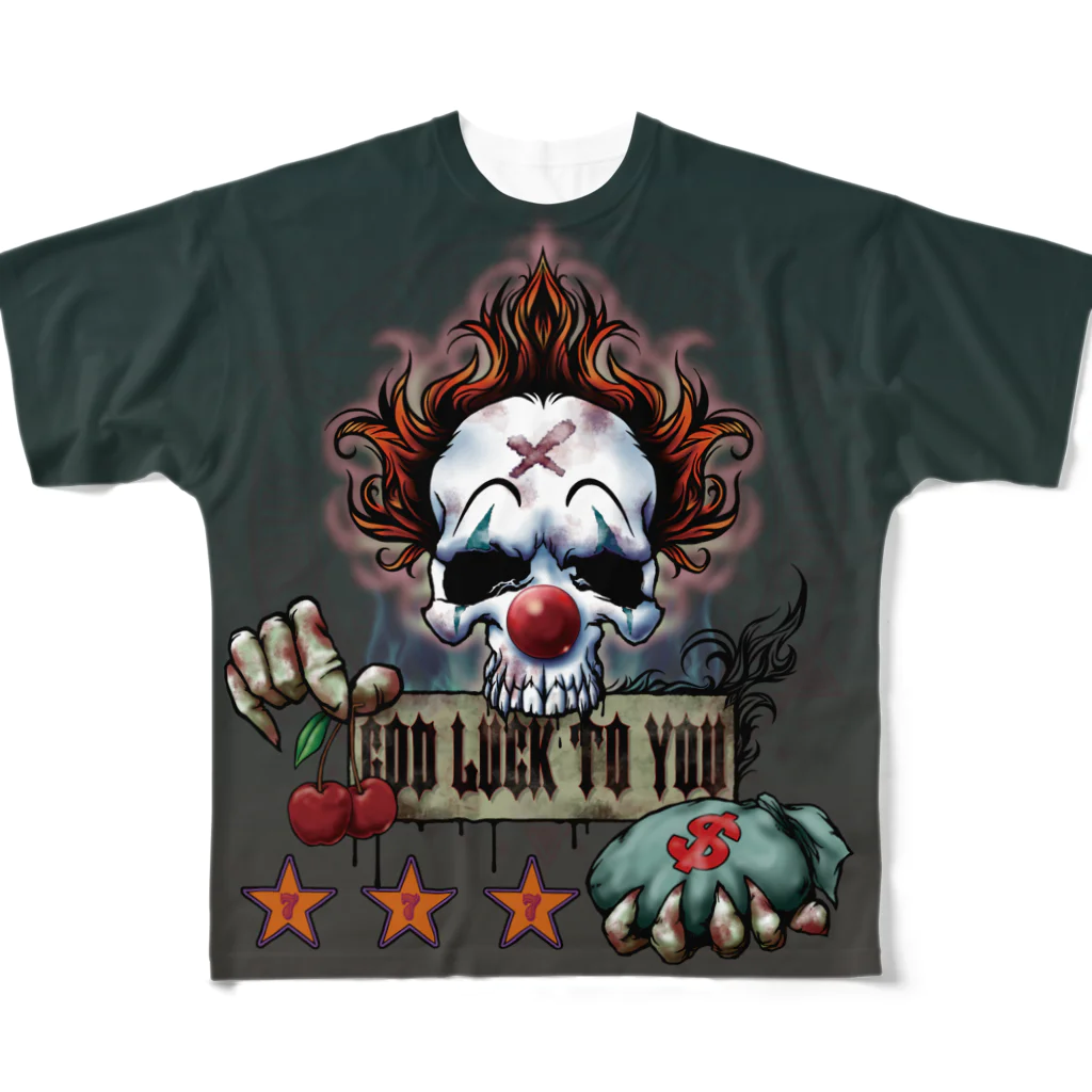 GOD LUCK💀to youのゾンビピエロ総プリントＴシャツ💀 フルグラフィックTシャツ