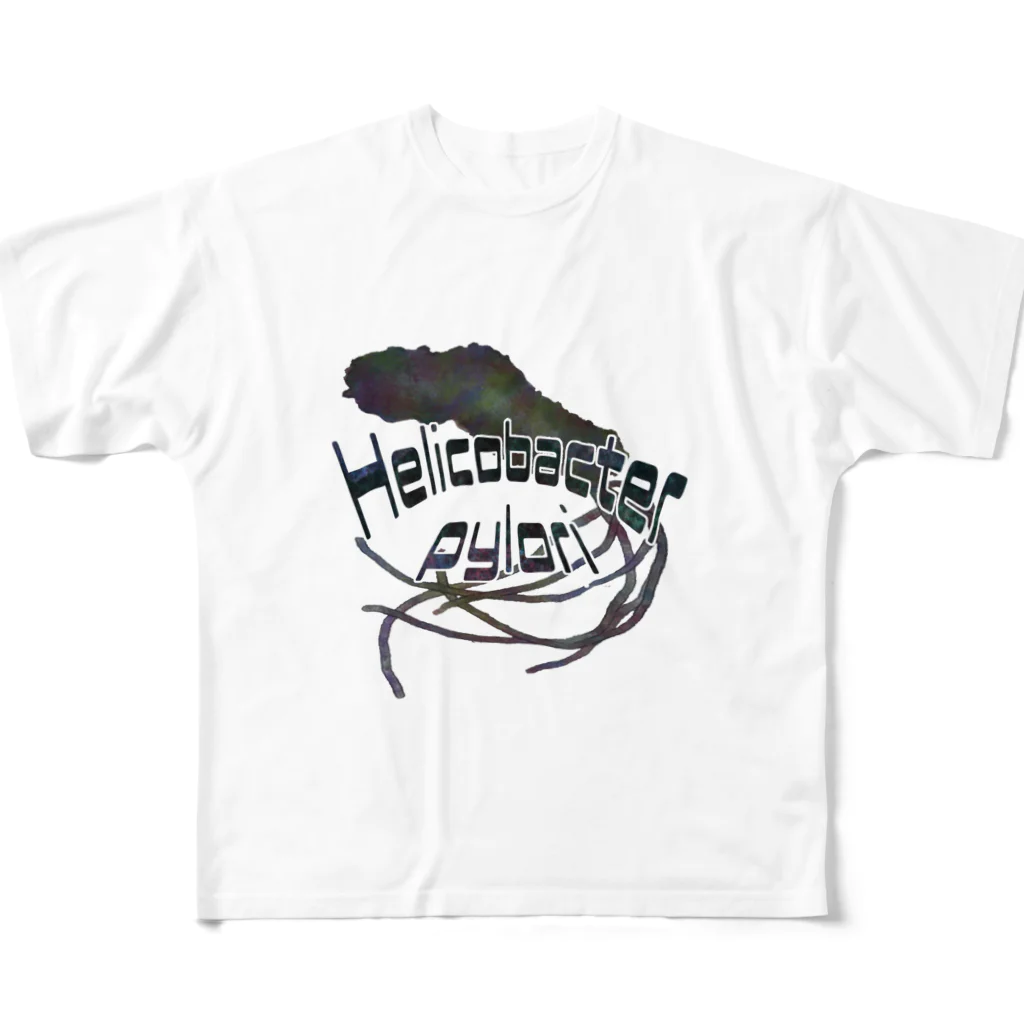 どびんの『菌玉シリーズ』第1-A号　ロゴ入りピロリん フルグラフィックTシャツ