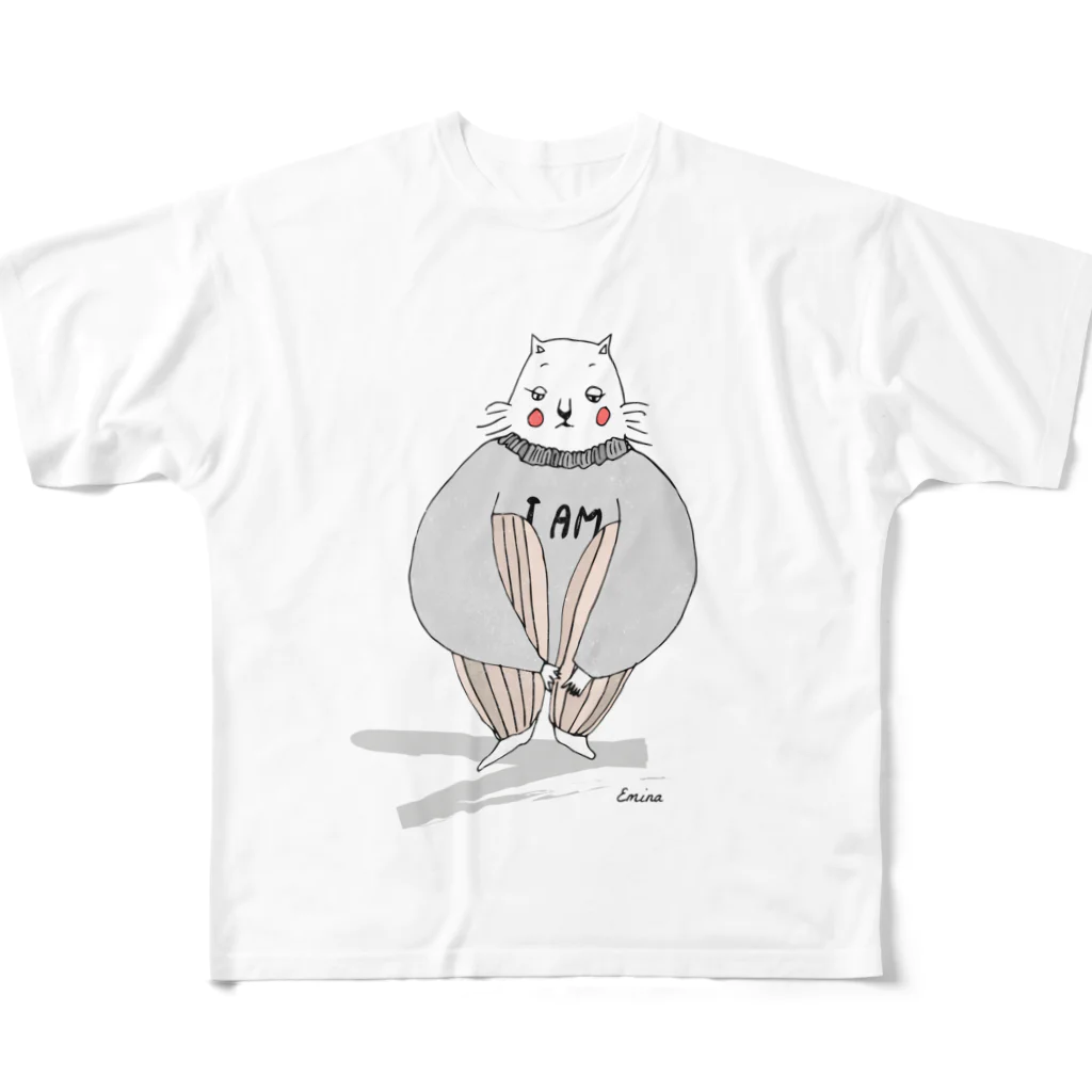 ATELIE EMINAのEMINA's FATTY CAT sitting ver. フルグラフィックTシャツ