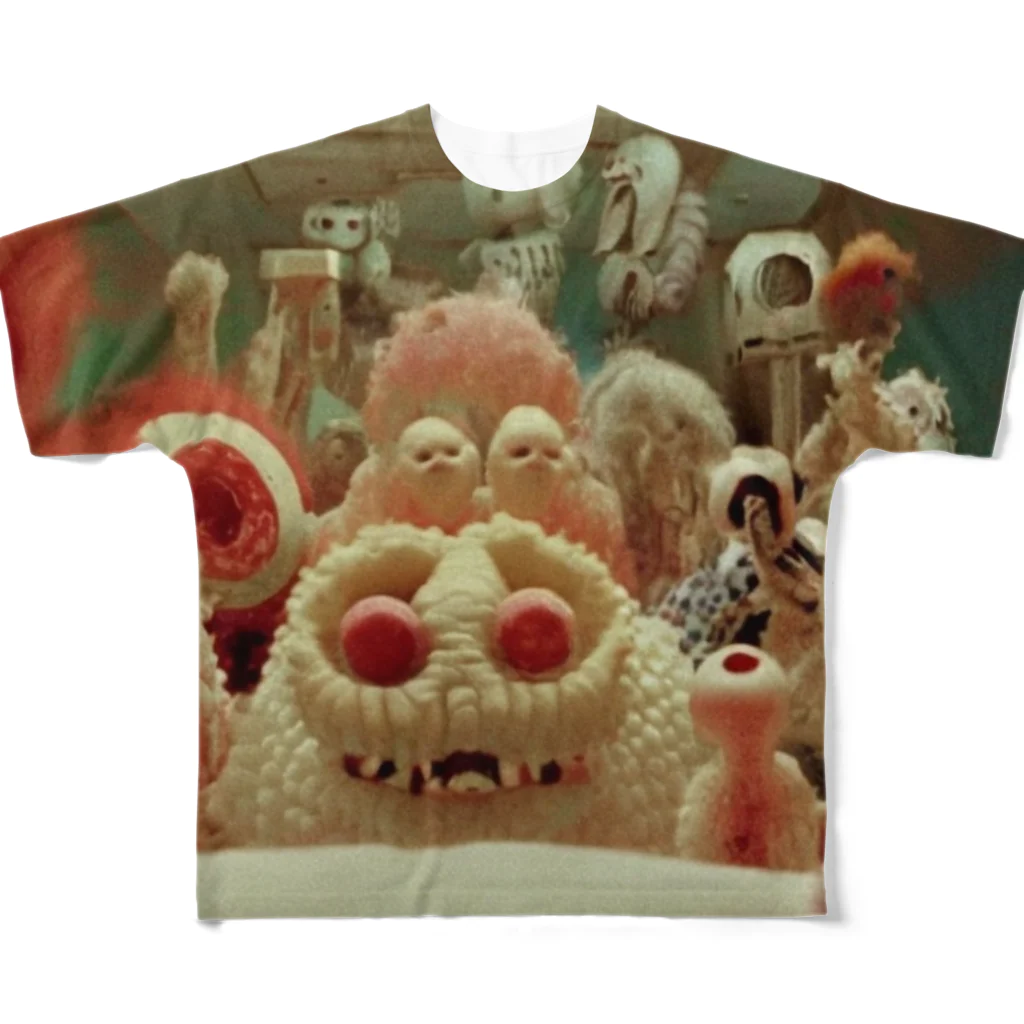 🍩tarojiro(たろじろ) shop🍩のCOLORFUL POPCORN MONSTERS by AI All-Over Print T-Shirt